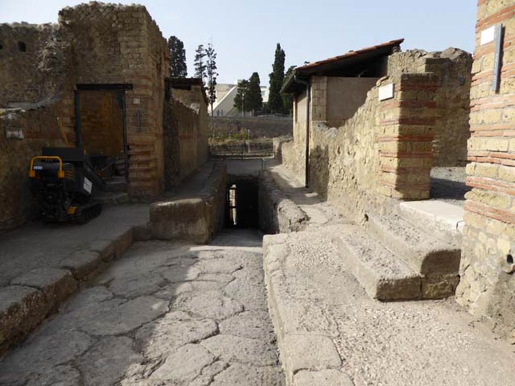 III.19/18/1 Herculaneum, October 2014. Looking south on Cardo IV Inferiore, from near entrance doorway, on right. Photo courtesy of Michael Binns.